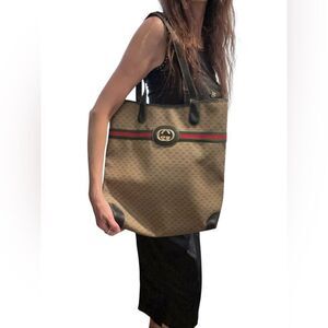 Gucci Beige Tote with Black and Red-Green Stripes